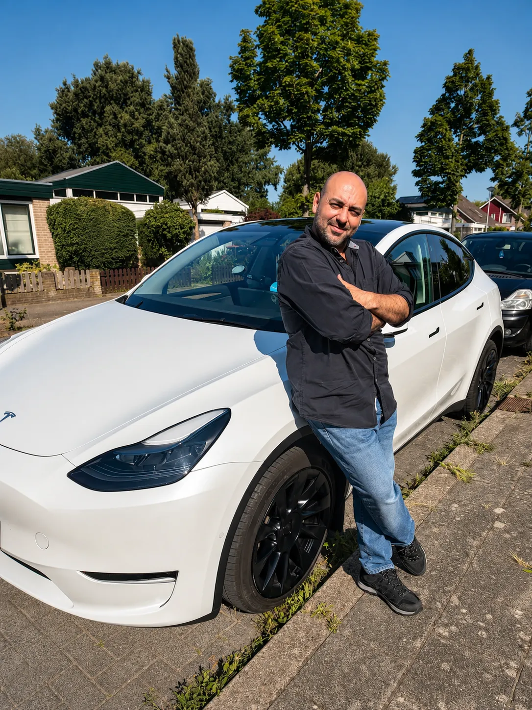 Deniz, uw chauffeur van Taxi Drechterland, bij zijn witte Tesla Model Y