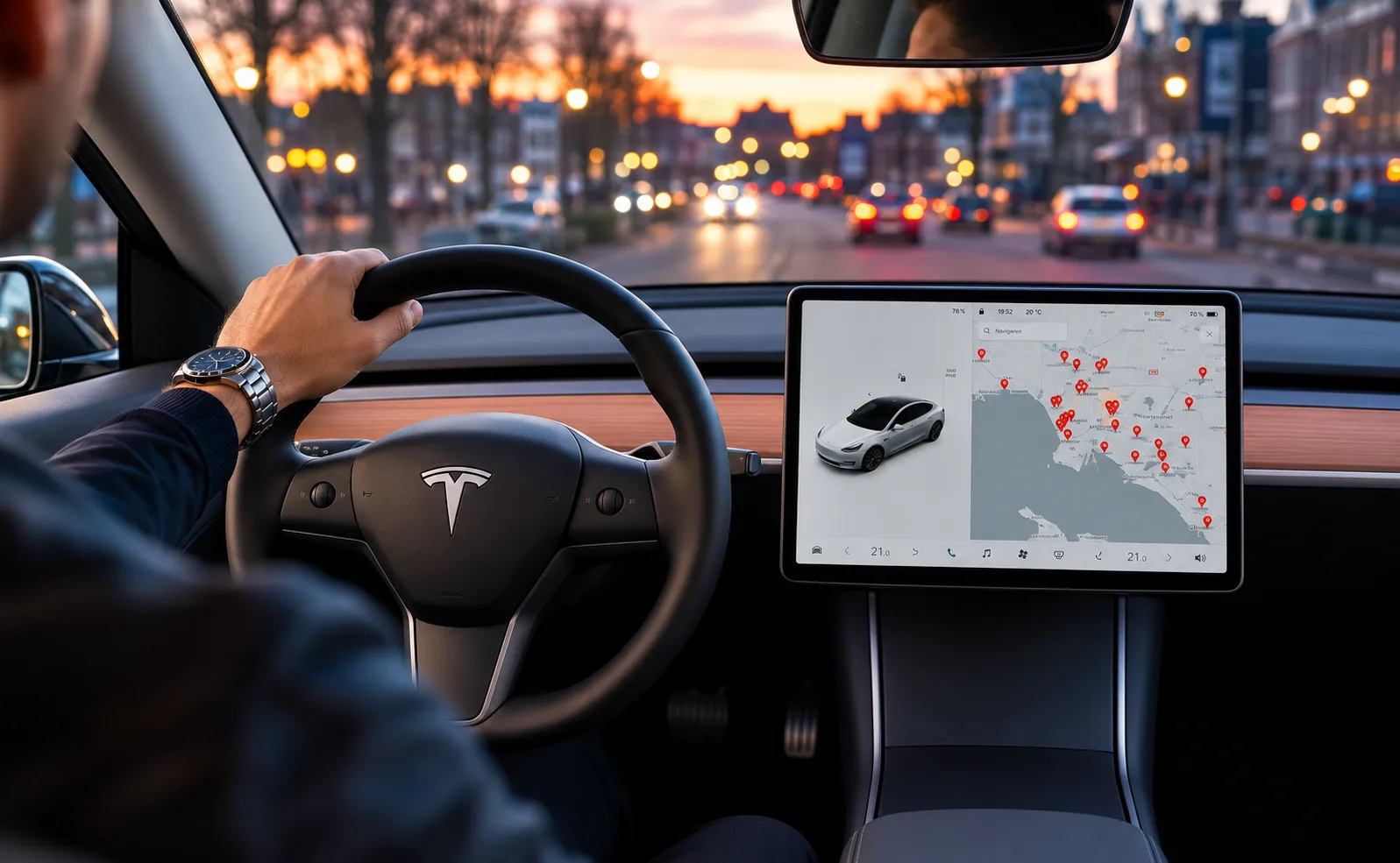 Interieur van een Tesla taxi van Taxi Drechterland met chauffeur aan het stuur