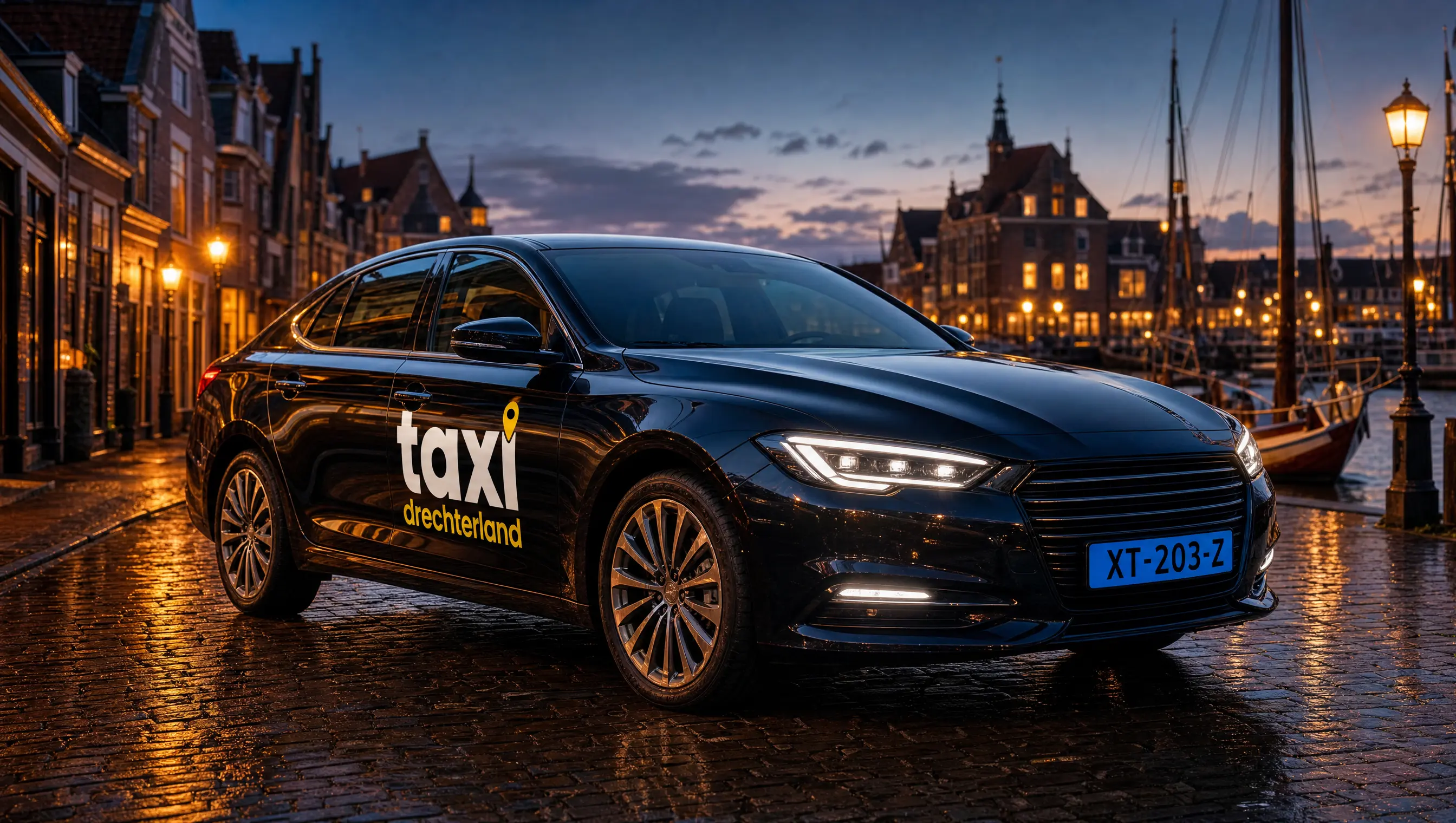 Zwarte taxi van Taxi Drechterland aan een havenkade in avondlicht